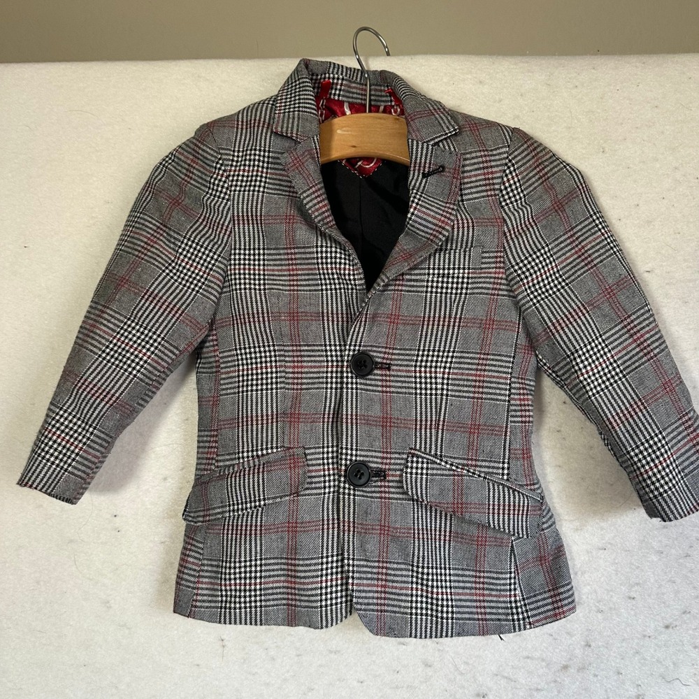 Elie Balleh Boys Grey Plaid Blazer Red Elbow Patches Size 2 EBSW1697-2